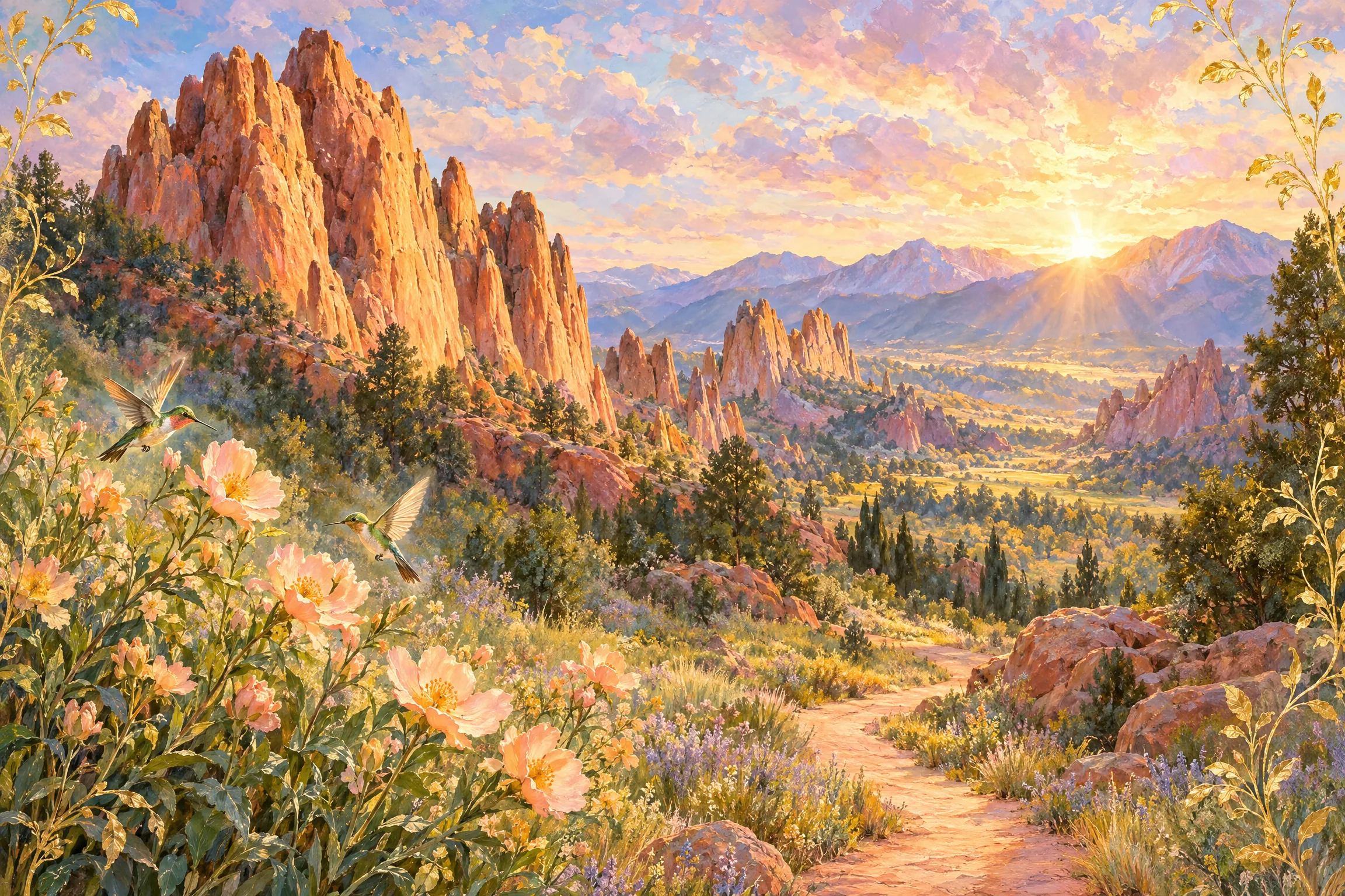 Original companion artwork of a sunlit path among Garden of the Gods sandstone and hummingbirds