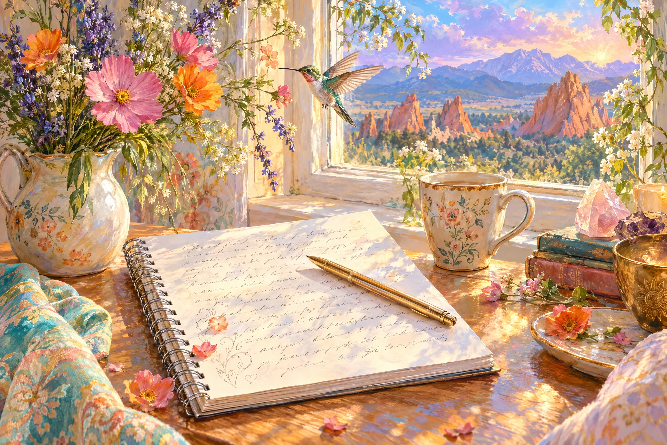 Original companion illustration of an open spiral notebook, flowers, and a hummingbird near Garden of the Gods; not an actual page of the book