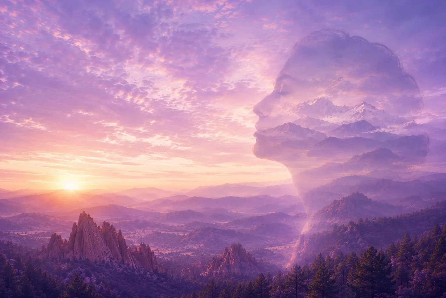 Symbolic dawn over a mountain landscape, expressing an inward journey