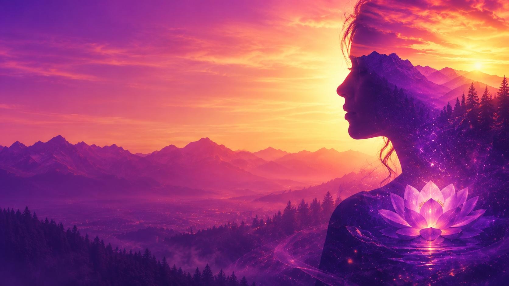 A woman's profile blended with mountains at sunset, with a luminous lotus over her heart