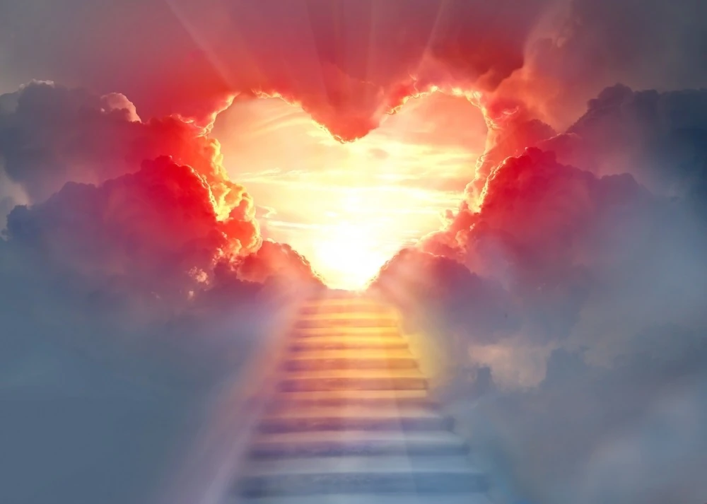 A luminous heart-shaped opening in the clouds above a golden stairway