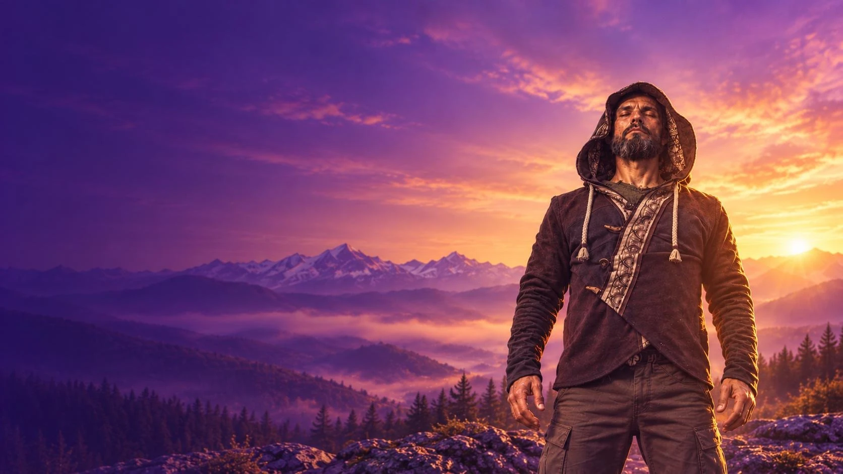 A shamanic man standing in quiet presence before mountains at sunset